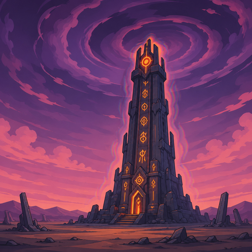 tower with glowing carved symbols, strange sky, light distortion around structure, empty land