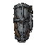 single tower shield centered, tall iron shield with worn wood backing and damp cloth details, asymmetrical silhouette, cold gray palette