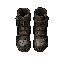 dark fantasy roguelite, single object centered, common rugged climbing boots reinforced with rough stone-like iron caps and worn leather bindings, asymmetrical semi-isometric front view silhouette, gritty tower ascent aesthetic, cracked soles and dust-cov