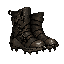 dark fantasy roguelite, single object centered, uncommon climbing boots reinforced with cold iron nails and layered leather straps, asymmetrical semi-isometric front view silhouette, subtle engraved tower motifs near the soles, gritty ascent aesthetic, wo