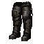 dark fantasy roguelite, single object centered, rare reinforced greaves forged for deep tower maintenance workers, asymmetrical semi-isometric front view silhouette, layered steel knee guards and heavy leather straps, subtle grime and industrial engraving