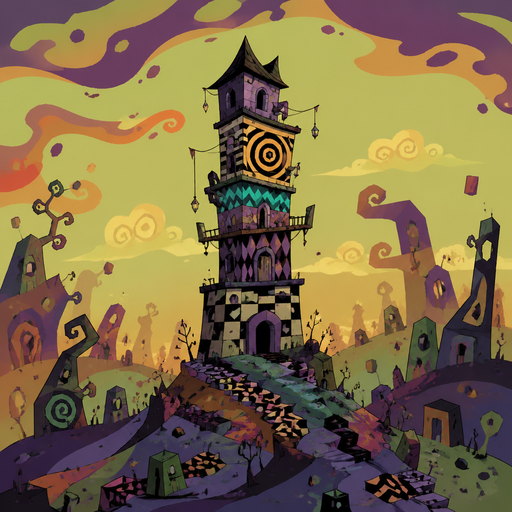 tower with shifting patterns, uneven shapes around, strange sky, distorted horizon