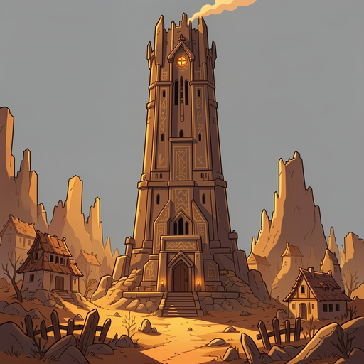 tall tower, long shadows, old village ruins, warm sky, dry terrain