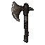 dark fantasy roguelite, single object centered, iron battle axe with chipped heavy head and worn wooden haft wrapped in cracked leather strips, asymmetrical brutal silhouette, common survival weapon, oxidized steel edge with visible impact damage, tactile
