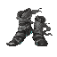 dark fantasy roguelite, single object centered, lightweight traveling boots wrapped in flowing ash-gray cloth and muted silver straps, asymmetrical swift silhouette, teal motion streaks carved near the soles, uncommon agile footwear, tactile worn leather 