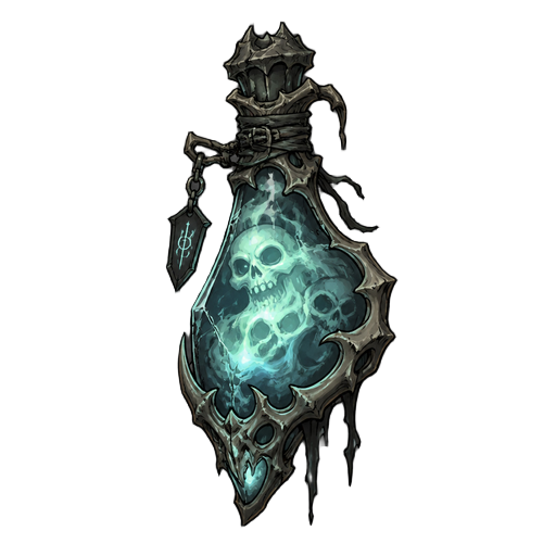 dark fantasy roguelite, single object centered, cursed vial containing swirling lich essence, pale spectral energy trapped inside cracked organic glass, faint skull-like shapes emerging from the mist, asymmetrical occult silhouette, rare necromantic consu