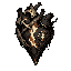 dark fantasy roguelite, single object centered, legendary ash heart relic made from fossilized flesh and burned black stone, asymmetrical silhouette with pale ember glow pulsing through deep cracks, ritual sacrifice aesthetic with subtle thorn motifs and 
