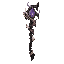 dark fantasy roguelite, single object centered, grotesque necromancer staff made of black fossilized wood wrapped with stitched flesh and cracked bone fragments, asymmetrical predatory silhouette, distorted purple crystal embedded in the crooked top, epic