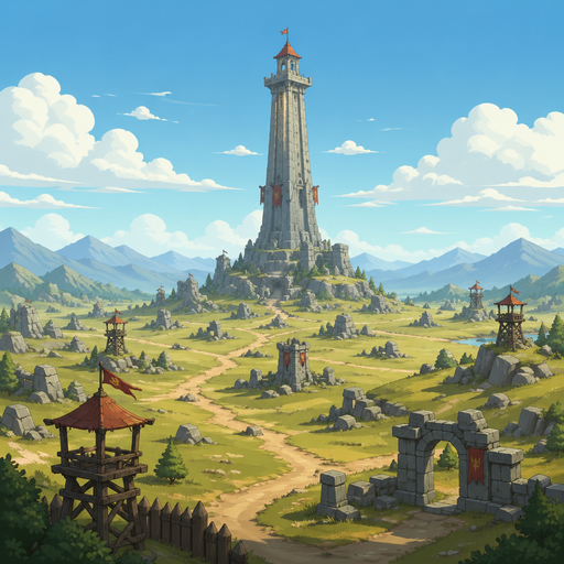 tall tower seen from distance, scattered stone structures, watch posts, open land, quiet environment