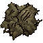 dark fantasy roguelite, single object centered, thick patch of troll hide with rough stitched flesh texture, mossy discoloration and brutal scars across the surface, asymmetrical torn silhouette, heavy regenerative creature material, tactile leathery deca