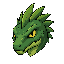 green lizard serpent head, crest spines, yellow reptile eyes, not a skull, not a skeleton, not a generic demon