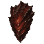 dark fantasy roguelite, single object centered, massive adult dragon scale with dark metallic crimson armor texture and pale gold fracture veins, asymmetrical imposing silhouette, legendary draconic trophy, layered ridges with restrained internal heat glo