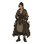 tower merchant woman: same trade caste, practical travel coat, scales or small purse at belt, sharp calculating gaze, no nobility jewelry, tired merchant of the ascent routes, single hero centered, front or 3/4 view, limited palette, dither shading