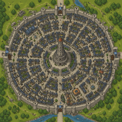 top view stone city around tower, dense buildings, circular streets, walls and gates