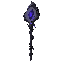dark fantasy roguelite, single object centered, ritual arcane scepter with dark engraved metal shaft and floating indigo crystal core at the top, asymmetrical silhouette, rare magical weapon, subtle glowing runic symbols carved along the handle, tactile a