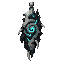 dark fantasy roguelite, single object centered, epic ritual amulet formed from fractured pale mithril and abyssal black stone, asymmetrical hanging silhouette, cold cyan fissure glow pulsing from the center, spiral motifs and rare monster fang details, ta