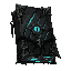 dark fantasy roguelite, single object centered, epic forbidden tome bound in stitched black leather and reinforced with abyssal steel corners, asymmetrical occult silhouette, cyan glyph glow leaking from between warped pages, claw marks and ritual chain d