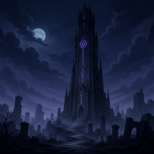 tall dark tower, faint glowing symbols, night sky, fog, empty ruins