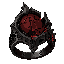 dark fantasy roguelite, single object centered, epic bureaucratic cult signet ring forged from cold iron with fractured crimson seal embedded into the face, asymmetrical ritual silhouette, engraved archive symbols and split judgment motifs surrounding the