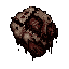 dark fantasy roguelite, single object centered, rotting chunk of stitched flesh with exposed muscle texture and dark coagulated blood, grotesque organic trophy, wet decayed surface, asymmetrical irregular silhouette, uncommon monster drop, unsettling surv