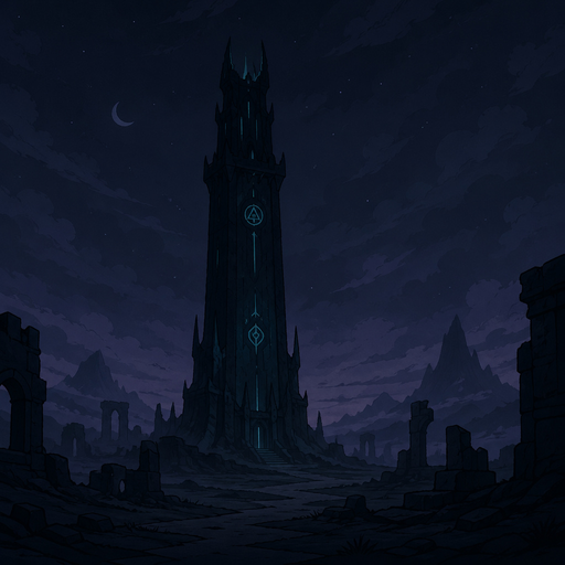dark tower with faint glowing symbols, night sky, empty ruins, soft fog, minimal light sources