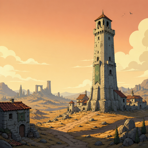 tall tower casting long shadow, old stone buildings, dry terrain, warm sky, distant ruins, light haze