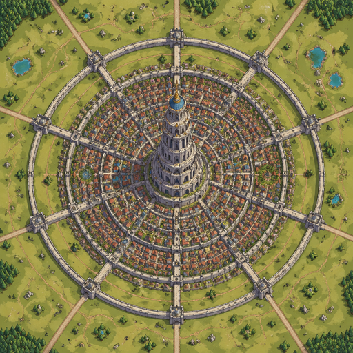 top view of massive tower with circular city rings around it, inner dense city, outer empty land, radial layout