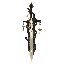 dark fantasy roguelite, single object centered, legendary judgment sword with perfectly straight pale steel blade framed by impossible black geometric structures, asymmetrical transcendent silhouette, pale gold fracture light running through the core, cer