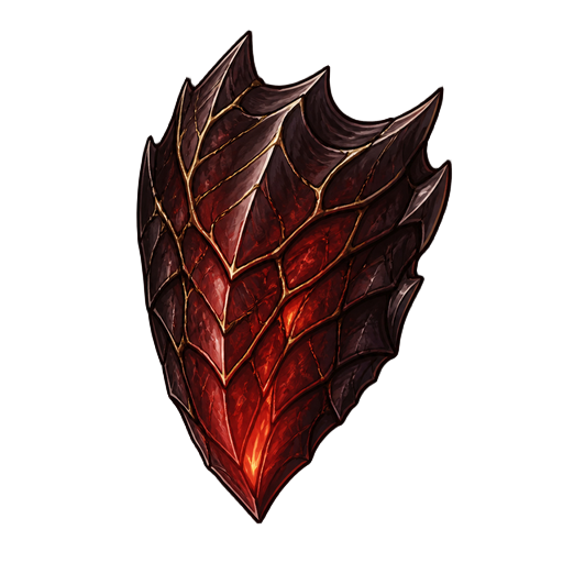 dark fantasy roguelite, single object centered, young dragon scale with dark metallic crimson surface and subtle pale gold veins, asymmetrical armored silhouette, rare draconic trophy, layered textured ridges with restrained inner heat glow, tactile mysti