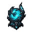 dark fantasy roguelite, single object centered, epic crystal orb encased in jagged mithril claws and dark forge steel frame, asymmetrical mystical silhouette, cyan aurora light swirling violently inside the sphere, subtle scale and fang motifs around the 