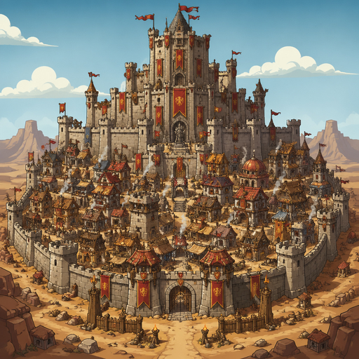 tower center with large stone citadel, crowded structures, layered buildings, inner walls, banners, dry terrain