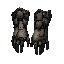 dark fantasy roguelite, single object centered, uncommon ritual gauntlets forged from cold iron with layered bureaucratic seals riveted into the wrists, asymmetrical semi-isometric front view silhouette, ash-gray cloth padding and engraved tally marks, gr
