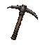 dark fantasy roguelite, worn iron mining pickaxe centered, wooden handle with metal head, subtle rock chip at tip, cold grey and brown palette, craft and gathering mood, thick white outer outline sticker style, transparent background, dither shading, no t
