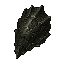 dark fantasy roguelite, single object centered, thick reptilian scale with dark green-black surface and subtle pale gold fracture veins, rugged organic trophy, asymmetrical armored silhouette, worn creature material, uncommon monster drop, tactile gritty 