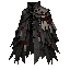 dark fantasy roguelite, single object centered, epic ritual mantle made from layered ash-gray archive cloth and reinforced cold iron clasps, asymmetrical heavy silhouette, crimson wax seals stitched across the fabric like legal condemnations, subtle worn 