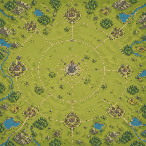 top view large empty land with small settlements, distant tower at center, circular pattern