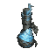 dark fantasy roguelite, single object centered, small ritual vial containing unstable thawing liquid with pale blue glow and faint steam leaking from the cork, asymmetrical silhouette, anti-freeze alchemical consumable, organic glass bottle wrapped in wor