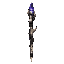 dark fantasy roguelite, single object centered, elegant ritual wand carved from pale bone and dark polished wood, asymmetrical silhouette, glowing indigo crystal tip wrapped in engraved silver bindings, uncommon mystical weapon, tactile organic and minera