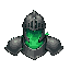 empty knight helmet and pauldrons, green ghost glow inside, not a skull, not a skeleton, not a generic demon