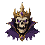 undead lich skull with golden crown, torn purple cloak collar