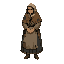 tower peasant woman: same miserable feudal origin, headscarf or rough hood, mended shawl, humble posture, worry lines, wooden charm or bread knife at belt, grounded not idealized, single hero centered, front or 3/4 view, limited palette, dither shading