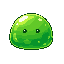round green jelly slime blob, two dot eyes, shiny gel, no legs no arms, not a skull, not a skeleton, not a generic demon