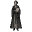 tower scholar woman: same erudite tradition, worn dark robe, hair tied back, ink on hands, holding wax-sealed notes, analytical tired expression, cold grey palette, dignified not glamorous, single hero centered, front or 3/4 view, limited palette, dither 