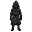 hooded figure covered in tally marks and numbers, sealed mouth, not a skull, not a skeleton, not a generic demon