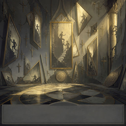 fractured gallery, judgmental gold-grey light, mirror shards wrong angles, cravo nail-glyphs, geometric floor, echoing climber silhouettes, cartório seals, worn stone, painterly, calm lower third for ui, no text