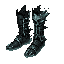 dark fantasy roguelite, single object centered, legendary spectral footwear formed from black leather and muted silver skeletal frames, asymmetrical silent silhouette, teal ghostly motion trails extending behind the soles, subtle fragmented transparency a
