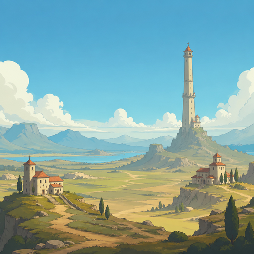tower with isolated monastery buildings, wide empty land, few structures, long view, still atmosphere