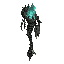 dark fantasy roguelite, single object centered, epic necrotic staff made from black fossilized wood and engraved steel rings, asymmetrical ritual silhouette, cyan soul-flame trapped inside cracked crystal tip, hanging bone tally charms and stitched monste