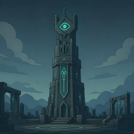 tower with eye-like symbols, faint glow, still environment, empty structures