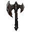 dark fantasy roguelite, single object centered, heavy battle axe with asymmetrical double-edged steel head and reinforced dark wood haft, uncommon brutal weapon, engraved iron details and dried blood stains near the blade, tactile worn metal and leather t